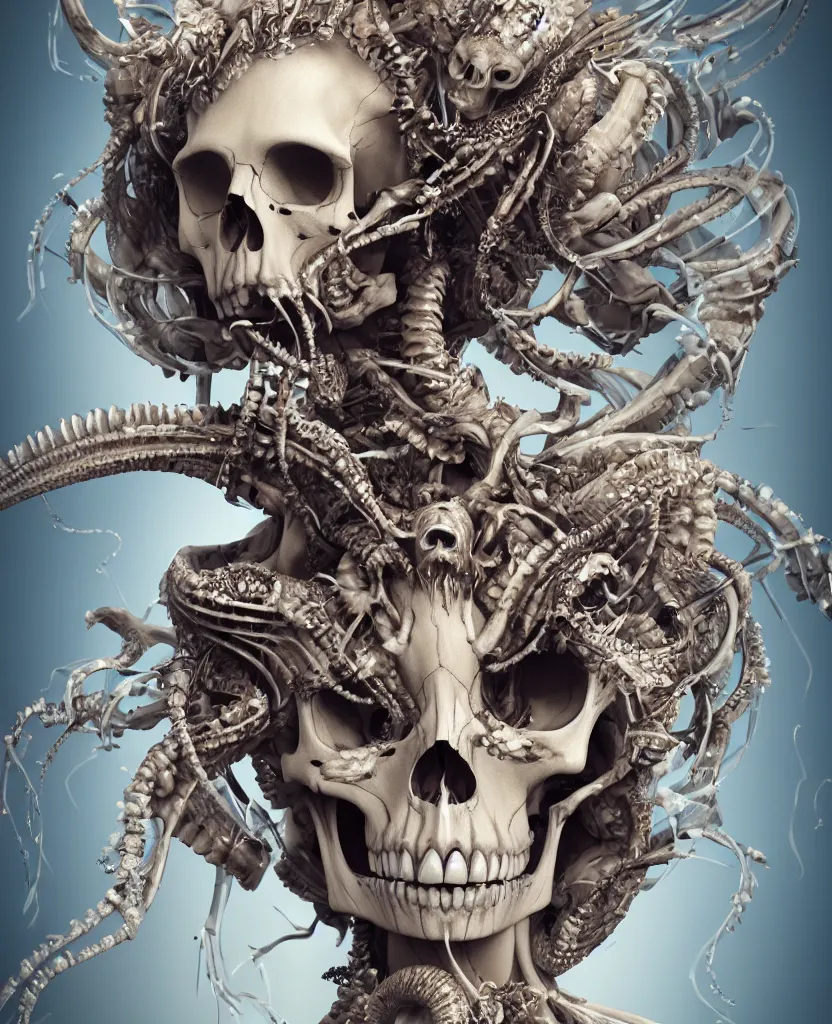 Prompt: close-up macro portrait of the face of a beautiful princess with animal skull mask and ribcage, skeleton epic angle and pose, symmetrical artwork, 3d with depth of field, blurred background, cybernetic jellyfish female face skull phoenix bird, translucent, nautilus, energy flows of water and fire. a highly detailed epic cinematic concept art CG render. made in Maya, Blender and Photoshop, octane render, excellent composition, cinematic dystopian brutalist atmosphere, dynamic dramatic cinematic lighting, aesthetic, very inspirational, arthouse. y Greg Rutkowski, Ilya Kuvshinov, WLOP, Stanley Artgerm Lau, Ruan Jia and Fenghua Zhong