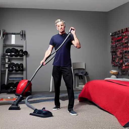 Image similar to Jordan Peterson cleans his room with a vacuum, motivational workout poster, high detail, realistic, mid shot, open