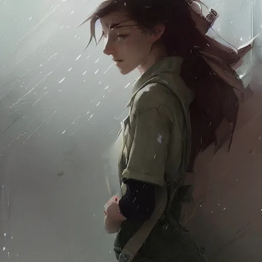 Prompt: Female, soft eyes and narrow chin, dainty figure, single strap paint covered overalls, short shorts, combat boots, raining, basic white background, style of by Jordan Grimmer and greg rutkowski, crisp lines and color,