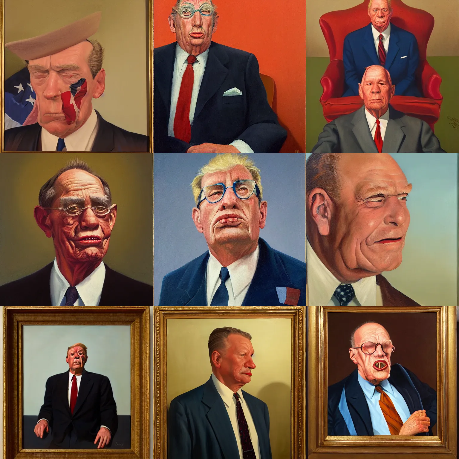 Prompt: official portrait of the United states president , 1954. He is an ugly man from Arkansas, oil on canvas by Bo Bartlett