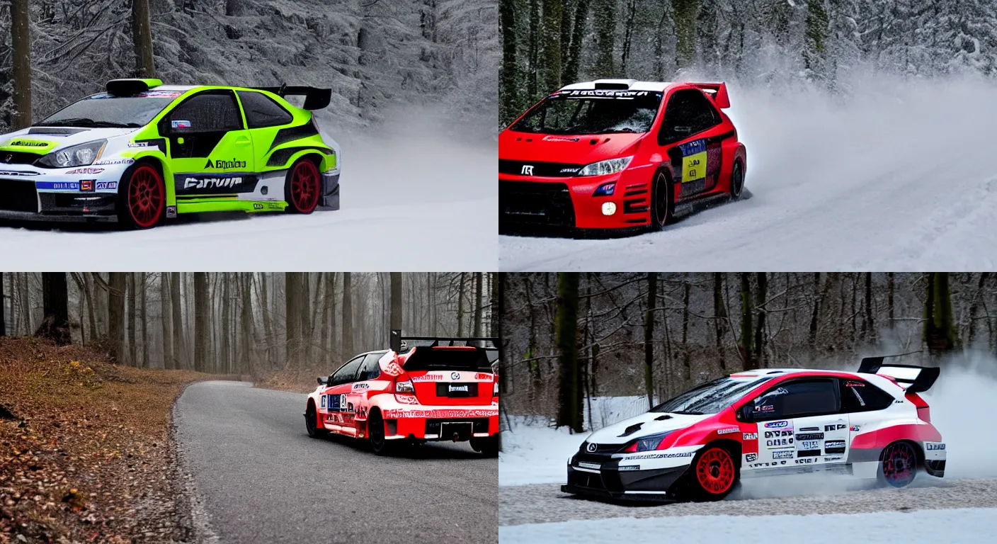 Prompt: a 2 0 1 0 mugen civic type - r, racing through a rally stage in a snowy forest