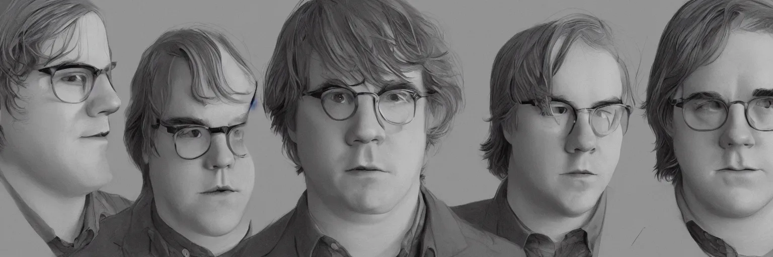 Image similar to character study of philip seymour hoffman and paul dano, 2 0 2 2, clear faces, emotional, character sheet, fine details, concept design, contrast, kim jung gi, pixar and da vinci, trending on artstation, 8 k, full body and head, turnaround, front view, back view, ultra wide angle