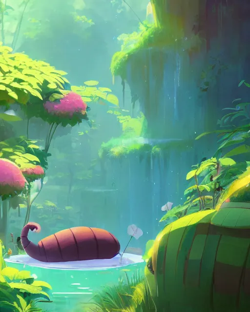 Image similar to a giant caterpillar taking a bath in a spring with lush vegetation around, cory loftis, james gilleard, atey ghailan, makoto shinkai, goro fujita, character art, rim light, exquisite lighting, clear focus, very coherent, plain background, soft painting