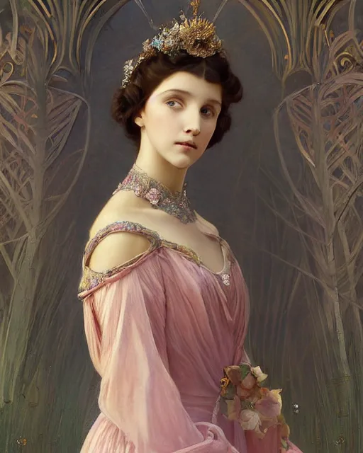 Image similar to a beautiful portrait painting of a shy, blushing princess in a tiara and an iridescent art nouveau gown resembling 1 4 - year old millie bobby brown watching the lantern festival, intricate, elegant, highly detailed, digital painting, artstation, concept art, by krenz cushart and artem demura and william adolph bouguereau and alphonse mucha