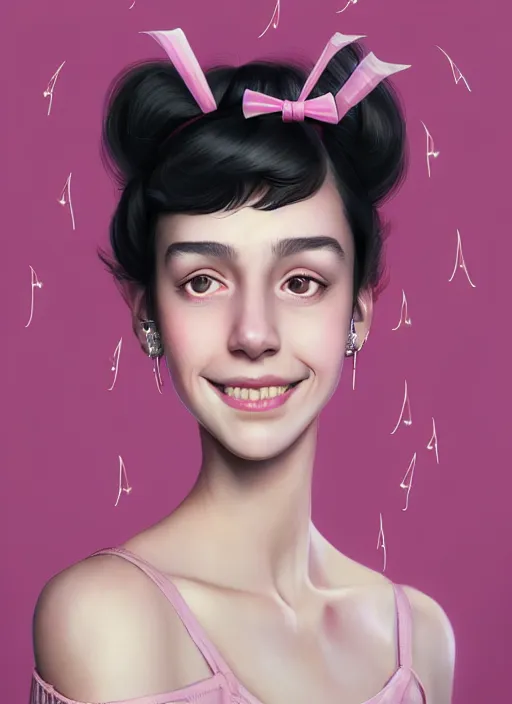 Image similar to portrait of high school girl, realistic, black hair, bangs, half updo hairstyle, pointy nose, skinny, smile, ugly, defined jawline, big chin, pink hair bow, earrings, intricate, elegant, glowing lights, highly detailed, digital painting, artstation, sharp focus, illustration, art by wlop, mars ravelo and greg rutkowski