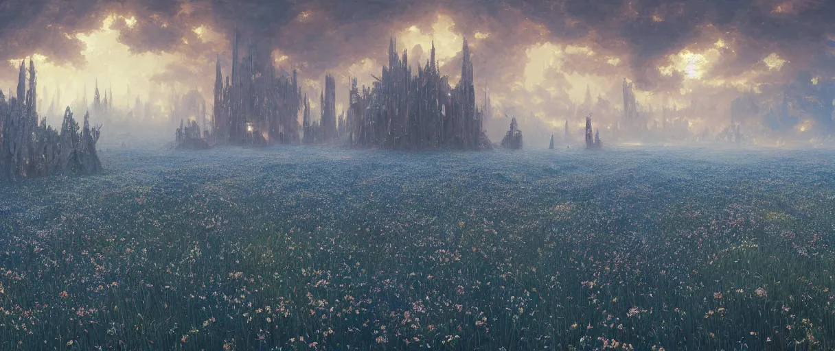 Image similar to panorama of beautiful gothic landscape, warhammer, japanic style, cyberpunk, thunderstorm, more and more flowers, blue head, the middle ages, highly detailed, artstation, illustration, art by jean delville, 8 k quality, artwork by tooth wu and wlop and beeple and greg rutkowski