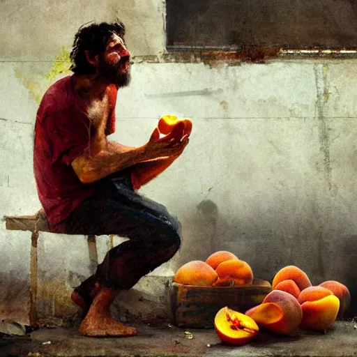 Image similar to feral man eating peaches in a factory, hunched over, mild mild impressionism, factory background, sharp colors, by greg rutkowski and asher duran