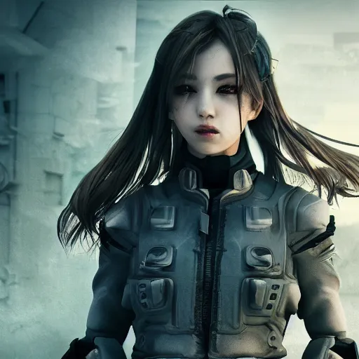 Image similar to beautiful android girl in full battle gear in a destroyed city, moody lighting, 8 k, shallow depth of field, cinematic lighting,