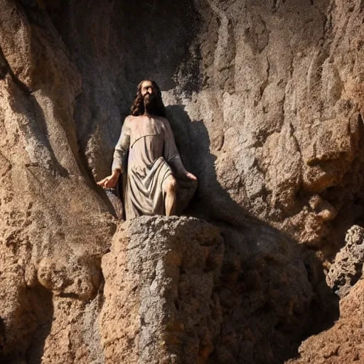 Image similar to Jesus Christ rising out from a tomb in a cliff side, cinematic perspective, movie shot, 8k, full hd