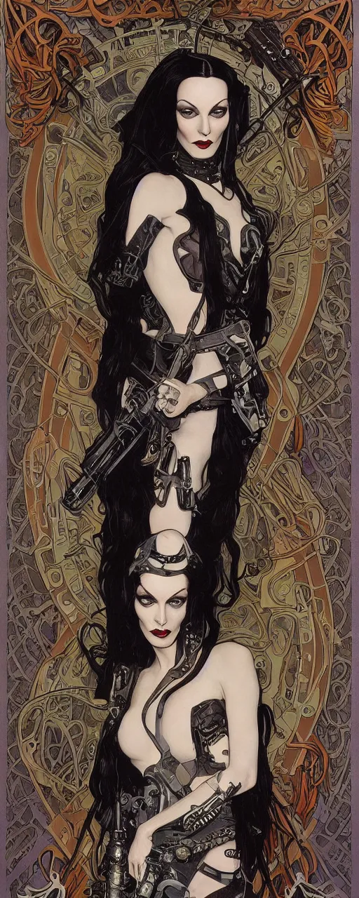 Image similar to a beautiful and captivating art nouveau industrial style portrait of morticia adams as a heavy metal rebel soldier by chris achilleos, travis charest and alphonse mucha, mixed media painting, photorealism, extremely hyperdetailed, perfect symmetrical facial features, perfect anatomy, ornate declotage, circuitry, technical detail, confident expression