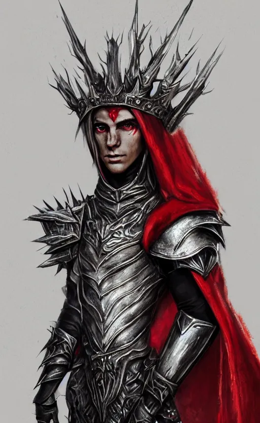 Prompt: A portrait of a male elf, 20 years old, short silver hair, red eyes, wearing a spiked black metal crown, black heavy armor with gold trim, and a red cape, lean but muscular, attractive, command presence, royalty, weathered face, smooth, sharp focus, illustration, concept art, highly detailed portrait muscle definition, fantasy painting, ArtStation, ArtStation HQ