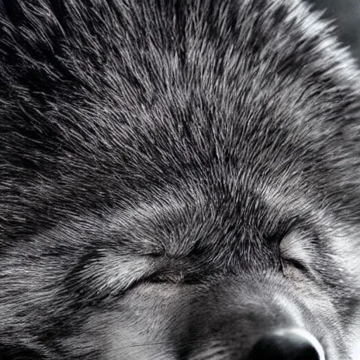 Prompt: illustration of a sleeping baby wolf, black fur, closed eyes, cute, curled up, r/aww