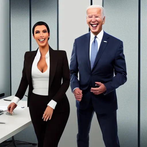 Image similar to stock photo of kim kardashian, and joe biden wearing suits and ties laughing in an office building, 8k resolution, full HD, cinematic lighting, award winning, anatomically correct