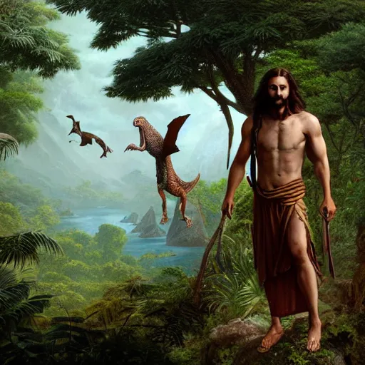 Prompt: a detailed matte painting of a ridiculously good looking jesus who is exploring the prehistoric jungle with his pet velociraptor, elegant ancient greek dress, jungle as the background, very detailed, beautiful, intricate, art by greg rutkowski and robert e howard, octane render