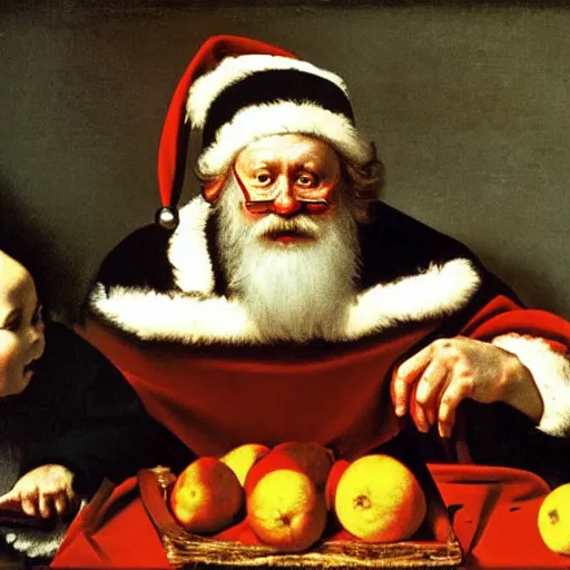 Image similar to Father Christmas eating oranges Painted by Caravaggio