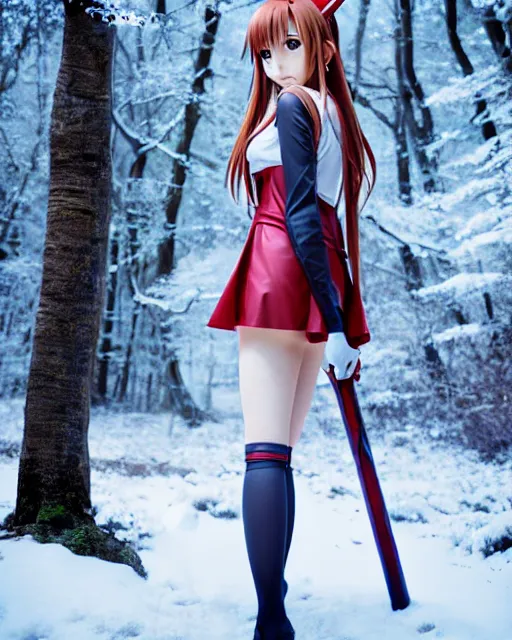 Image similar to photo of asuna from sao in winter location, asuna by a - 1 pictures, by greg rutkowski, gil elvgren, enoch bolles, glossy skin, pearlescent, anime, maxim magazine, very coherent, film still, dslr, 3 5 mm canon