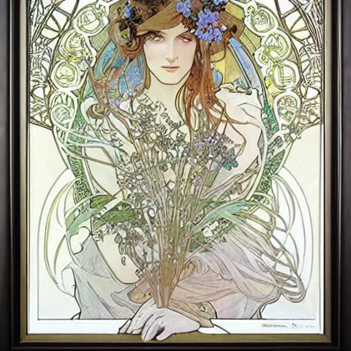 Prompt: art nouveau painting by Alphonse Mucha of Dream of the Endless from Sandman framed by white flowers. Soft, muted colors, dreamy aesthetic.