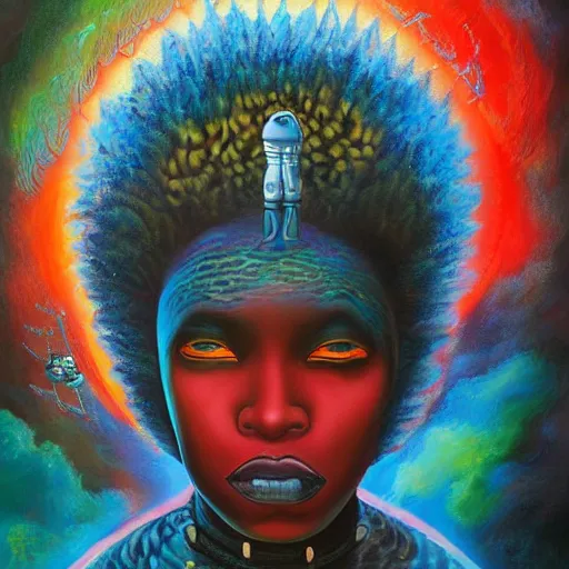 Prompt: afrofuturistic techno - mage, dark fantasy, occult, year 2 1 0 0, high - quality surrealist painting