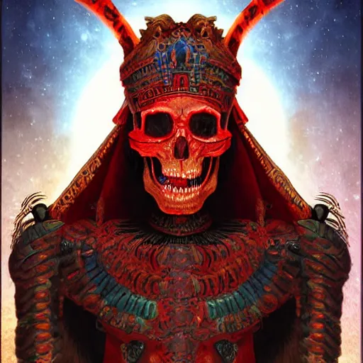 Image similar to digital _ painting _ of _ cizkin god of death mayan _ by _ filipe _ pagliuso _ and _ justin _ gerard _ symmetric _ fantasy _ highly _ detailed _ realistic _ intricate _ port glowing red eyes, space background