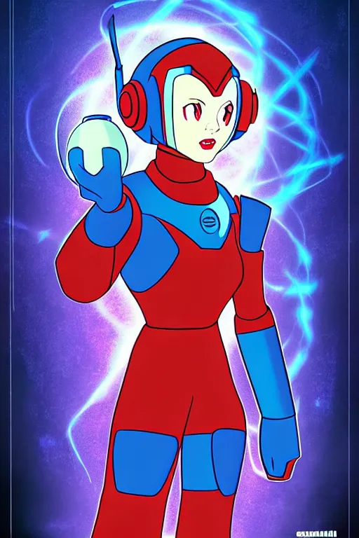 Prompt: Futuristic beautiful female megaman portrait by solarpunk and cyberpunk as a marvel movie poster