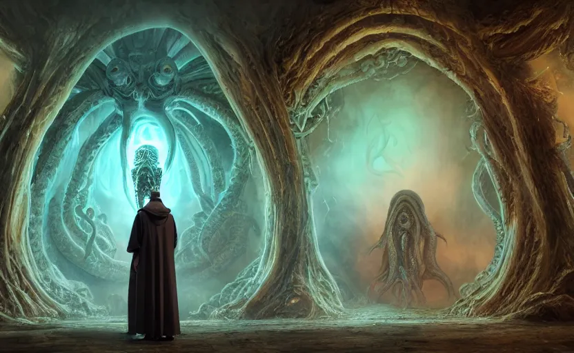 Image similar to priest in front of singular portal hell gate a realistic lovecraft cthulhu creature, filaments, translucent, photorealistic, hyperrealism, high resolution, ultra - detailed, by marc simonetti, natural volumetric lighting, realistic 4 k octane beautifully detailed render, 4 k post, vivid colors