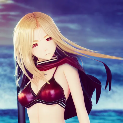 Image similar to bishamon render as a very beautiful 3d anime girl, long pure blonde hair, golden eyes, full round face, short smile, cute bikini, serene beach setting, cinematic lightning, medium shot, mid-shot, highly detailed, trending on Artstation, Unreal Engine 4k, cinematic wallpaper