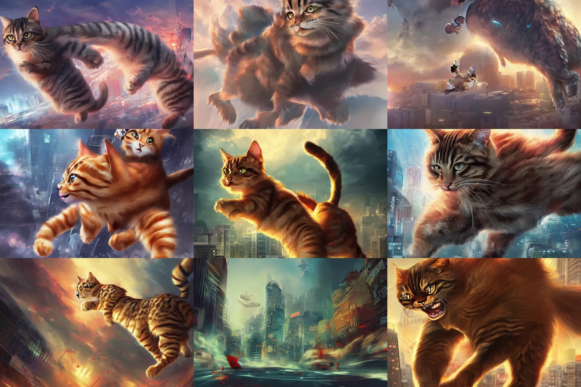 Prompt: giant tabby cat attacking Tokyo, disaster movie poster, concept art by Ross tran, masterpiece, masterwork, artstation, cgstudio