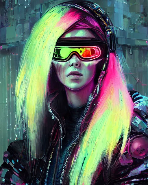 Prompt: detailed portrait neon guard girl with long straight blonde hair goggles seen from the back, cyberpunk futuristic, reflective puffer jacket, black leggings, decorated with traditional ornaments in front of a dystopian crowd with piles of garbage by ismail inceoglu dragan bibin hans thoma, perfect face, fine details, realistic shaded, fine - face, pretty face
