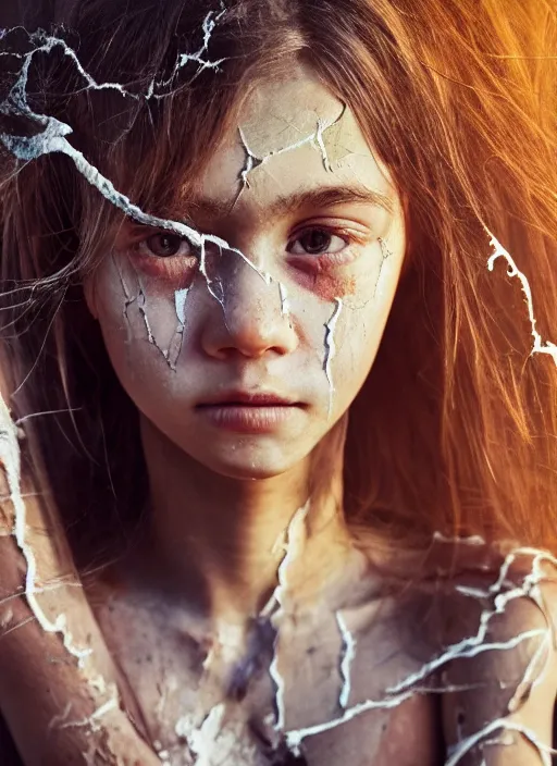 Image similar to a beautiful detailed beautiful young girl with cracks in her skin with a painted decaying world in the background, realistic, f 8, 4 k hd wallpaper