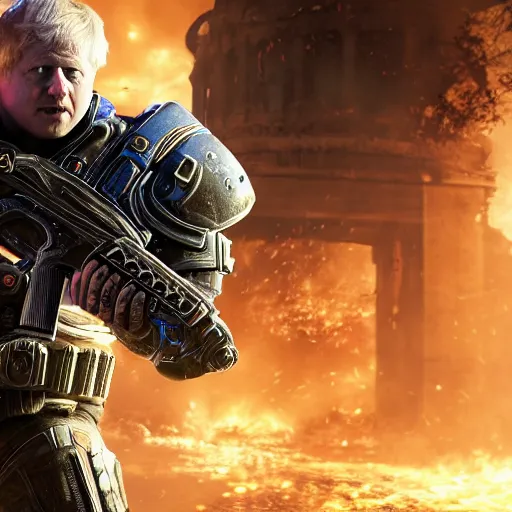 Image similar to Boris Johnson in 'Gears of War', splash art, movie still, cinematic lighting, detailed face, dramatic, octane render, long lens, shallow depth of field, bokeh, anamorphic lens flare, 8k, hyper detailed, 35mm film grain