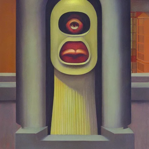 Image similar to brutalist giant unfeeling robot visage, portrait, atrium, rotunda, dystopian, pj crook, edward hopper, oil on canvas