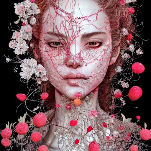 Image similar to the portrait of an absurdly beautiful, graceful, elegant, sophisticated, fashionable young woman made of strawberries and white petals crying, an ultrafine hyperdetailed illustration by kim jung gi, irakli nadar, intricate linework, bright colors, octopath traveler, final fantasy, unreal engine 5 highly rendered, global illumination, radiant light, detailed and intricate environment