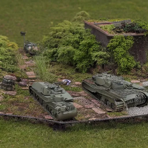 Image similar to 1/35 scale model of Tiger tanks sieging a group of guinea pigs in a garden, 8k, award winning photo, scale model photography,