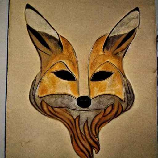 Image similar to Vulpine God of Trickery; An enormous fox with ancient glowing runes on its body and wearing a mask of wood resembling a fox's face