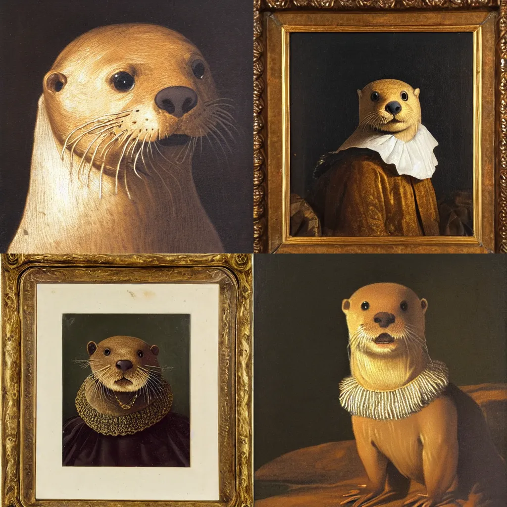 Prompt: print of a dutch golden age oil painting portrait of an otter wearing a ruff collar, warm lighting, chiaroscuro
