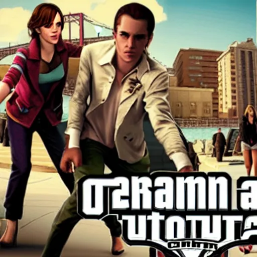 Prompt: emma watson on a gta 5 cover art