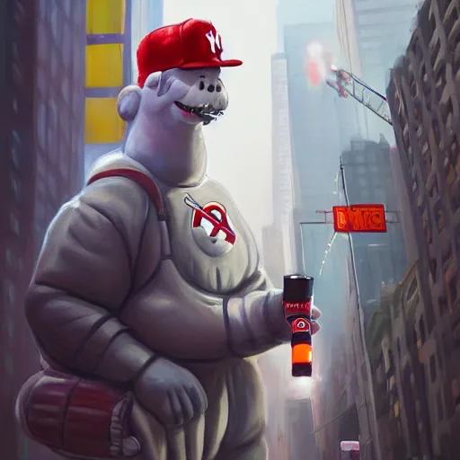 Prompt: a giant ghostbusters stay puff marshmallow man wearing timberland shoes and a yankee hat smoking a joint walking in new york city, highly detailed portrait, digital painting, artstation, concept art, smooth, sharp foccus ilustration, artstation hq