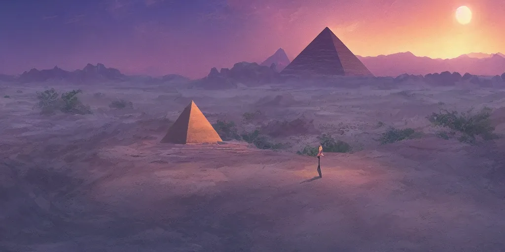 Image similar to a stunning desert landscape with a pyramid by makoto shinkai