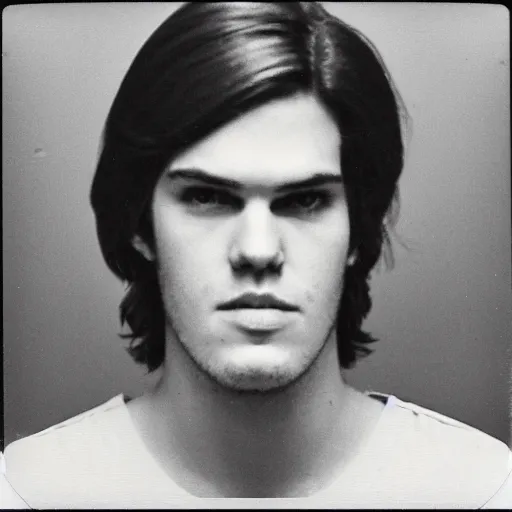 Prompt: Mugshot Portrait of Maxmoefoe taken in the 1970s, photo taken on a 1970s polaroid camera, grainy, real life, hyperrealistic, ultra realistic, realistic, highly detailed, epic, HD quality, 8k resolution, body and headshot, film still, front facing, front view, headshot and bodyshot, detailed face, very detailed face