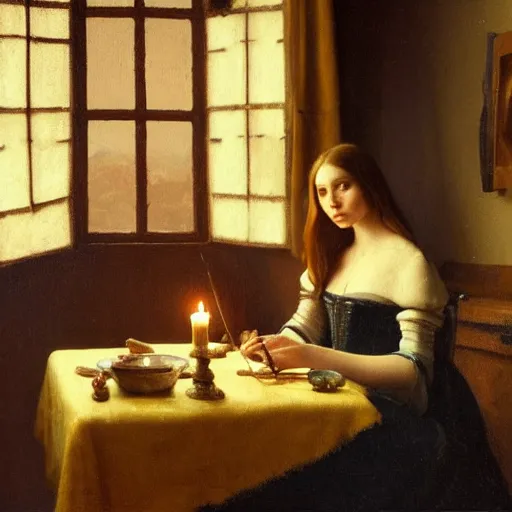 Image similar to elizabeth olsen, sitting in a dark kitchen in the medieval period, the only light illuminating is a candle on the desk, illustrated by gaston bussiere and johannes vermeer, artstation, cgsociety, artstation contest winner, artstation medieval, artstation fashion, 4 k, 8 k