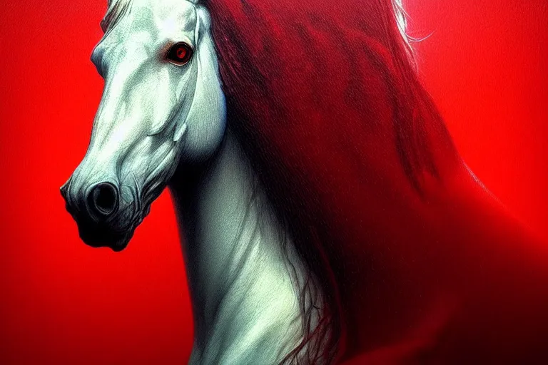 Image similar to a white cyberpunk horses with human heads, in the style of beksinski, intricate and epic composition, red by caravaggio, insanely quality, highly detailed, masterpiece, red light, artstation, 4 k