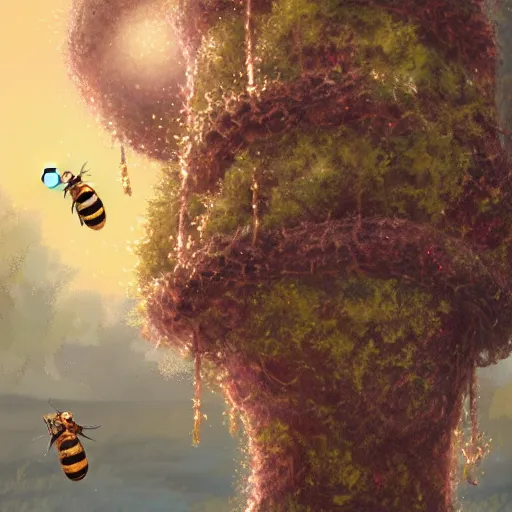 Image similar to digital illustration of a beehive hanging from a tree, with little bees that look like campfires coming out of it, trending on artstation