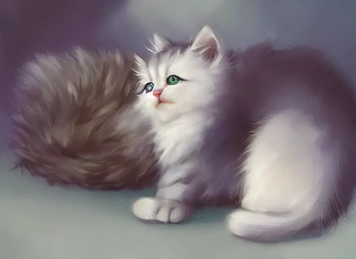 Image similar to smol fluffy kitten, big round blue cat eyes, fluffy tail, steve hanks, charlie bowater