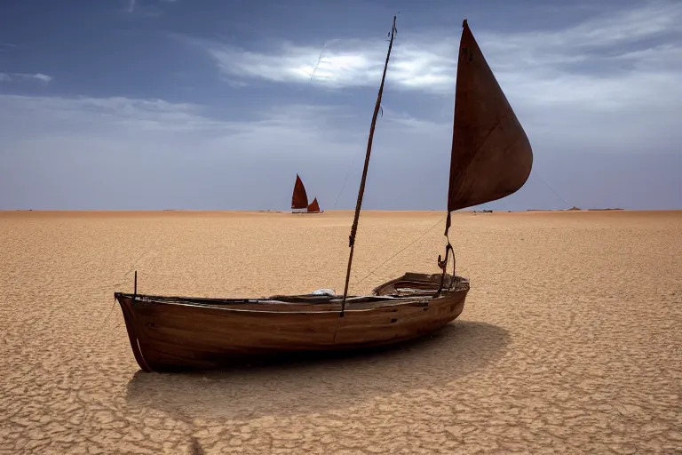 Image similar to photograph of a boat with two sails sailing in a desert, wide shot, atmospheric