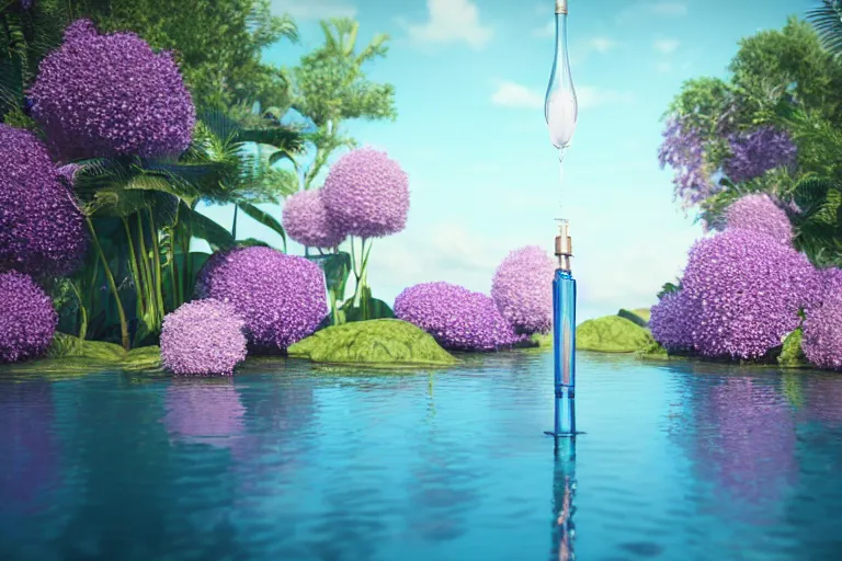 Prompt: perfume bottle standing on lilipads in a cool blue pond oasis, dramatic, mid day, sand dune background, soft lilac skies, large scale, hyperrealistic, lots of detail, realistic lighting, octane render, by wlop, artgerm, trending on artstation