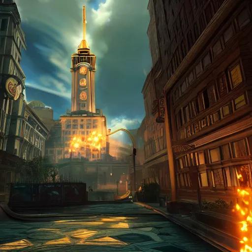 Image similar to bioshock infinite as propaganda of calibrum daerganzi, justify content center, realistic content, detail content, medium long shot content, photorealistic content, 4 k, 1 5 content color, incrinate, sharp focus, wet, yellow lighting