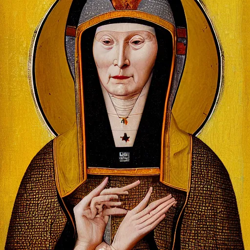 Prompt: A photograph of Hildegard Von Bingen by Richard Avedon, XF IQ4, 150MP, 50mm, f/1.4, ISO 200, 1/160s, natural light, Adobe Photoshop, Adobe Lightroom, DxO Photolab, Corel PaintShop Pro, rule of thirds