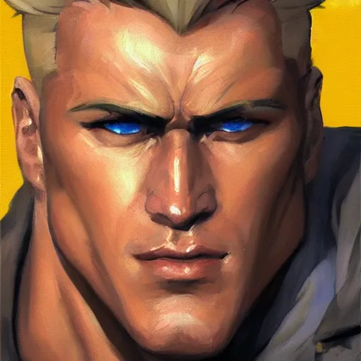 Image similar to greg manchess portrait painting of guile from street fighter as overwatch character, medium shot, asymmetrical, profile picture, organic painting, sunny day, matte painting, bold shapes, hard edges, street art, trending on artstation, by huang guangjian and gil elvgren and gerald brom