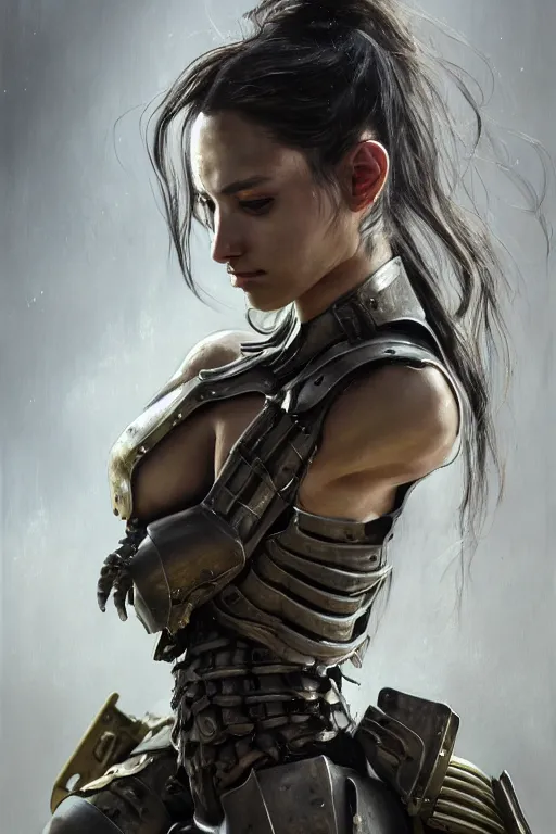 Prompt: a photorealistic painting of an attractive young girl, partially clothed in metal-plated battle armor, scratched and dirty, olive skin, long dark hair, beautiful bone structure, symmetrical face, perfect eyes, intricate, elegant, digital painting, concept art, illustration, sharp focus, minimal artifacts, volumetric lighting, from Metal Gear, in the style of Ruan Jia and Mandy Jurgens and Greg Rutkowski, trending on Artstation, award winning