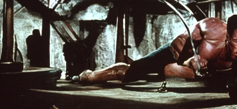 Image similar to film still of arnold schwarzenegger in the pit and the pendulum ( 1 9 6 1 ), pathecolor, 4 0 mm panavision wide - angle lens